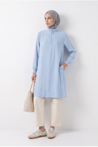 Armine Trend Yarım Fermuarlı Kolları Lastikli Çilek Kumaş Tunik Mavi 26yt462