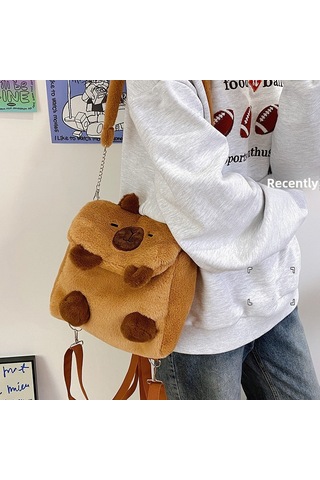 Symbee 2024 Yeni Model Kedi Desenli Yumuşak Plüsh Çift Omuz Çanta, Öğrenci Çantası, Çapraz Çanta, Kadın Çantası Kahverengi