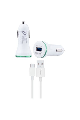 Syrox C47 Araç Şarj Aleti Micro Usb Kablo Set 2.4A Beyaz