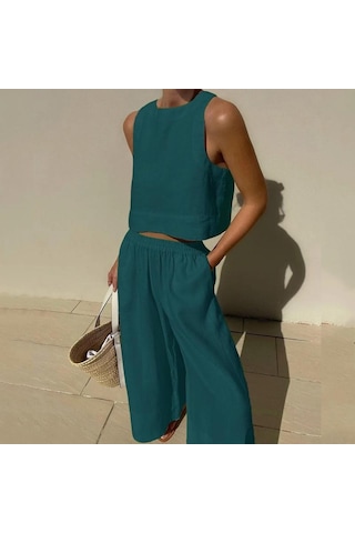 Rahat Yaz Iki Parçalı Set Kolsuz Kıyafetler O Boyun Üstleri Ve Gevşek Geniş Bacak Pantolon Seti Kadın Katı 2 Parça Takım Elbise Giysileri 27723 Orion
