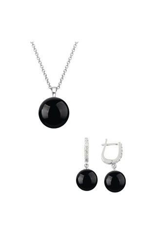 Gümüş Yuvarlak Model Kolye Küpe Siyah Oniks Taşlı Set 8 Mm