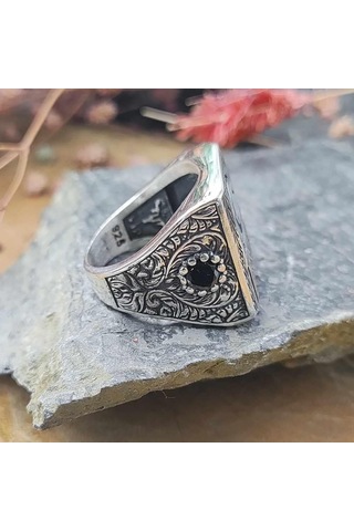 925 Ayar Gümüş Ayyıldız Kelime-i Tevhid Model Kalem İşlemeli Erkek Yüzük Gümüş