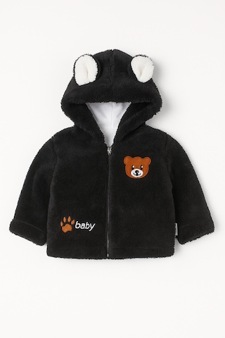 Uğur Bebe Siyah Renk Astarlı Peluş Kapüşonlu Ayıcık Nakışlı Bebek Hırkası Yumuşacık Ve Sıcak Tutar Siyah Siyah