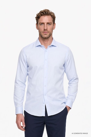 AC&Co / Altınyıldız Classics Erkek Mavi Kolay Ütülenebilir Slim Fit Dar Kesim İtalyan Yaka Armürlü Gömlek Mavi