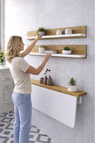 Duvara Monte Katlanır Masa & 2 Li Raf Seti Beyaz Çam 60x110 Cm Beyaz - Çam