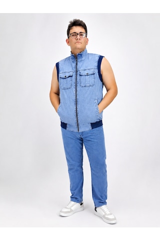Büyük Beden Denim Dik Yaka Fermuarlı Cepli Bomber Erkek Yelek Mavi