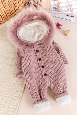 Triko Örgü Kışlık İçi Welsoft Astarlı Kapüşonlu Kız/erkek Bebek Tulum Gülkurusu