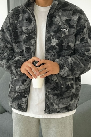 Genius Store Oversize Peluş Tam Fermuarlı Sweatshirt Peluş İçi Polarlı Sherpa Kumaş Sweatshirt Antrasit