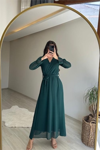 Neşeli Butik Kadın Uzun Kollu Kuşaklı Maxi Şifon Elbise Nm001 Yeşil