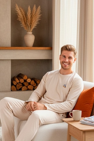 Rindahomewear Bej Uzun Kollu Nakışlı Örme Erkek Pijama Takımı Bej