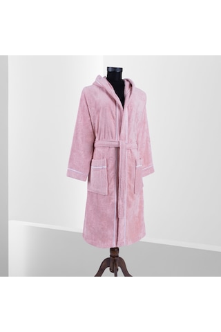 % 100 Pamuklu Laodikeia Kapşonlu Unisex Kadın Erkek Bornoz Pembe