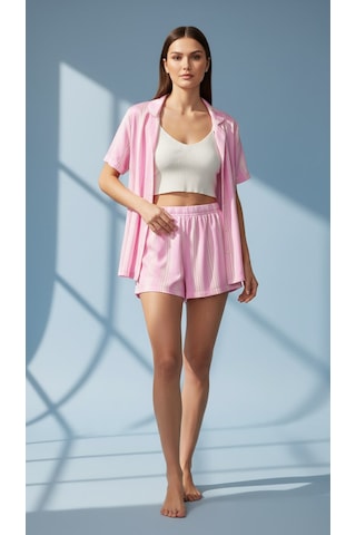 Divinus Pembe Çizgili Ev Giyimi 6 Lı Set Pantalon/şort/bluz/büstiyer/çorap/toka