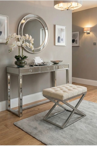 Nexus Babyface Kapitoneli Puf - Krom Metal X Ayaklı Modern Bench 50x40 Cm Bej