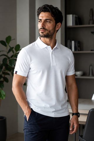 Luxıc Core Erkek Polo Yaka Beyaz Tişört Likralı Pike Kumaş Terletmez Slim Fit Günlük Şık Tasarım