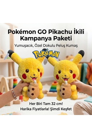 2li Pokemon Go Pikachu Peluş Oyuncak 32 Cm İthal Soft Kumaş Büyük Boy Uyku Oyun Arkadaşı Seti 2 Adet Sarı