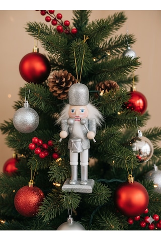 Kurşun Asker 13cm Simli Gri Üniformalı Davullu Yılbaşı Süsü