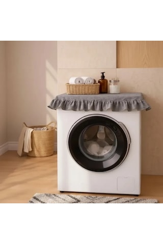 Fırfırlı Çamaşır Makinesi Örtüsü - Çeyizlik Dekoratif Banyo Makine Kılıfı- Antrasit