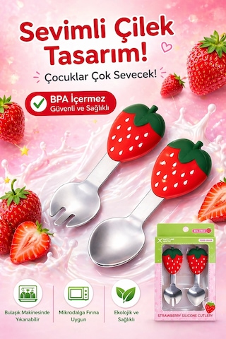 Jojobebek Kaşık Çatal Seti, Ergonomik Kısa Saplı Silikon, Paslanmaz Çelik Uçlu, Saklama Kutulu, (9-24 Ay) (Çilek Figürlü)