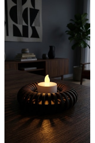 Donut Tealight Mumluk Ahşap Mumluk + Led Pilli Mum 1 Adet Ham Mdf