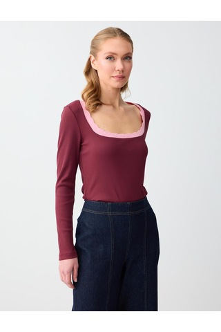 Jimmy Key Jimmy Key Bordo Düz Kesim Uzun Kollu U Yaka Örme Bluz 6sw035554562
