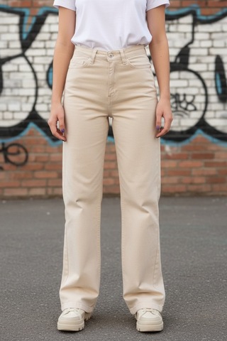 Woddi Heaven Kadın Yüksek Bel Krem Salaş Wide Leg Jeans Geniş Paça Palazzo Kot Pantolon