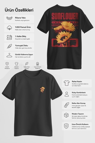 Spoyi Bold Sunflower Tasarımlı %100 Pamuk Yarım Oversize Siyah T-shirt