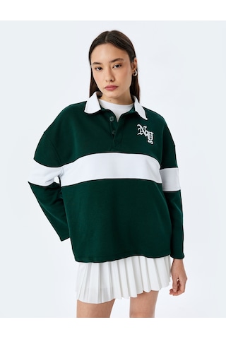 Koton Polo Yaka Nakışlı Düğmeli Renk Bloklu Oversize Sweatshirt Yeşil 5sal10439ık Yeşil