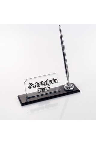 İnce Tasarım Kristal Masa İsimliği Kalemli Şık Ofis