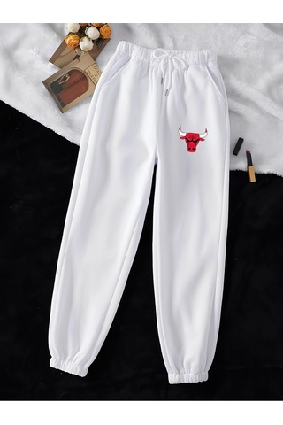 Unisex Kadın/erkek Bulls Baskılı Özel Renkli Paça Lastik Eşofman Altı Jogger Beyaz