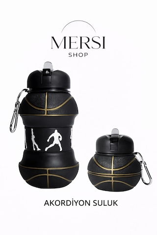 Basketbol Topu Tasarımlı Katlanabilir Akordiyon Su Şişesi Spor Ve Seyahat İçin SİYAH-SARI