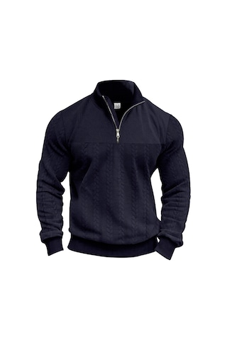 Amerikan Retro Gündelik Dik Yaka Fermuarlı Kazak Gevşek Örme Ağır Dikiş Jakarlı Sonbahar Ve Kış Uzun Kollu Kazak Lacivert