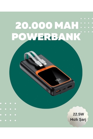 Dijital Ekranlı 20.000 Mah Powerbank 22.5w Hızlı Şarj + Çoklu Bağlantı Seçeneği Siyah