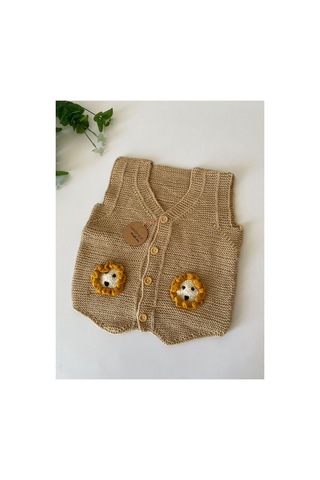 Adenya Sepeti El Örgüsü Açık Kahve Aslan Figürlü Bebek Yeleği Handmade Çok Renkli