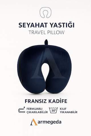 Armegeda Fransız Kadife Seyahat Yastıgı Nar Kırmızısı Yastık Lacivert