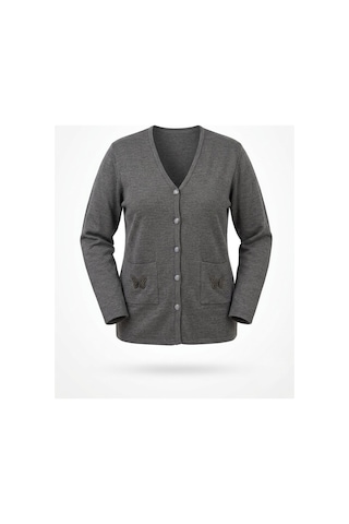 Onno Style Women Cebi Kelebek Taşlı Çelik Örgü Klasik Triko Ceket Gri