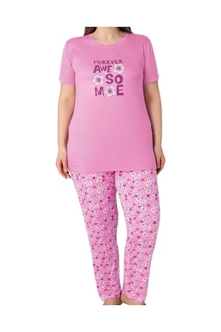 Kadın Bisiklet Yaka Düğmesiz Battal Kesim Viskon Yazlık Kısa Kol Cepli Büyük Beden Pijama Takımı Pembe