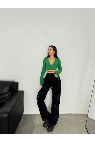 Shevega Kadın Siyah Bacak Yildizli Bol Paça Kot Jeans Pantolon Siyah