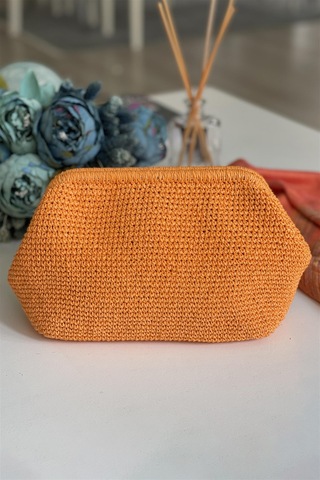 El Yapımı Pastel Turuncu Renk Basic Örgü El Çantası Kağıt İp Turuncu