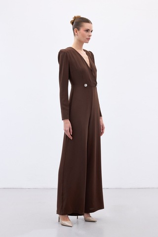 Sateen Kruvaze Süs Taşlı Krep Tulum - Kahve-136567 Kahve