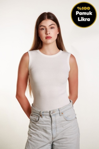 Kadın Kırıkbeyaz Fitilli Likralı Sıfır Kol Bisiklet Yaka Örme Atlet Tshirt Bluz KIRIK BEYAZ