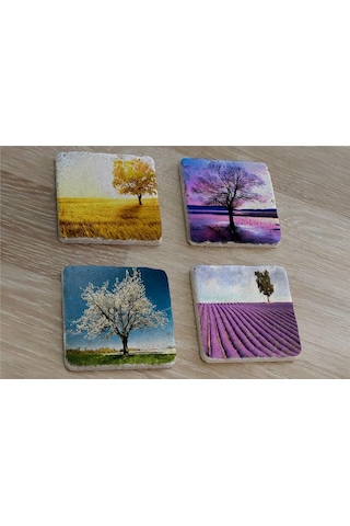 Tek Ağaçlı Manzaralar Doğal Taş Bardak Altlığı 4'lü Set - Natural Stone Coasters-174257 Mor