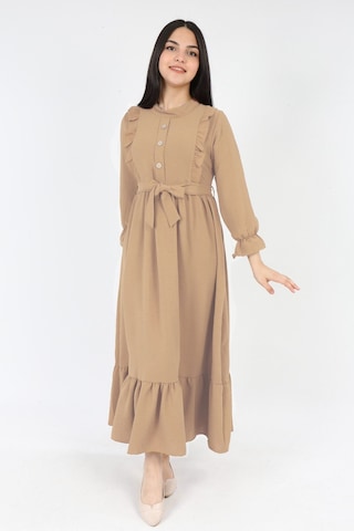 Kiz Cocuk Elbise Aerobin Keten Kumaş Tesettüre Uygun Uzun Boydan Cocuk Elbise Açık Bej
