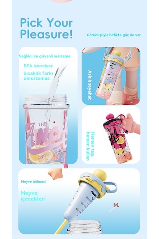 Büyük Kapasiteli Karikatür Taşınabilir Plastik Su Bardağı Pembe