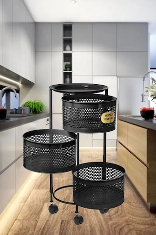 3 Katlı Yana Açılır Siyah Tekerlekli Patates Soğan Sepeti Sebze M