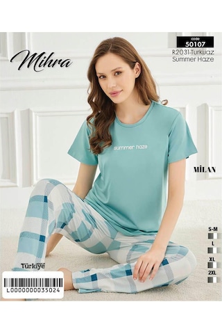 Mihra Kadın Bisiklet Yaka Milan Likralı Kısa Kol Pijama Takımı 50107turkuaz - 1 Adet Turkuaz