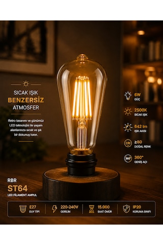 Rbr St64 Led Filament Ampul E27 6w 2500k 642 Lümen Amber Rustik Dekoratif Ampul
