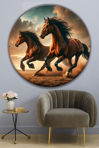 Koşan Asil Atlar Temalı Yuvarlak Dekoratif Duvar Tablosu Modern Salon Ve Ofis Dekoratif Cam Tablo Hayvan Figürlü Dekoratif Duvar Tablosu, Salon, Ofis Ve Çalışma Alanı Dekoru, 80x80 Cm