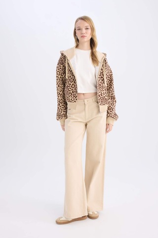 Defacto Coool Loose Fit Leopar Desenli Kapüşonlu Fermuarlı Sweatshirt E0780AX24WNBG389 Bej