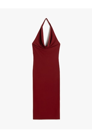 Koton Kolsuz Slim Fit Midi Boy Degaje Yaka Dekolte Elbise Bordo 5sak80064ek Bordo