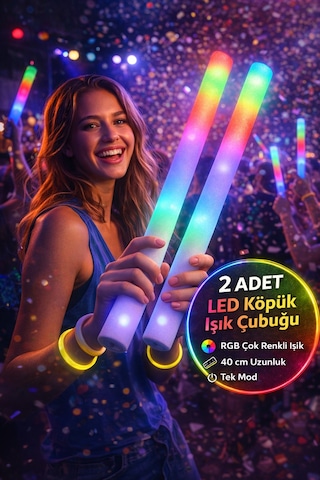 Led Köpük Işık Çubuğu 2 Adet 40 Cm Rgb Işıklı Parti Konser Düğün Doğum Günü Eğlence Çubuğu Tek Mod 3+ Yaş